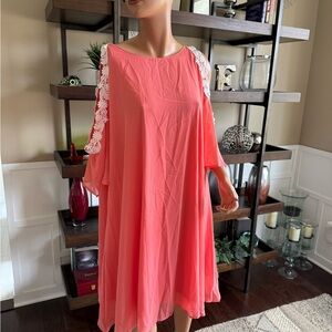 Coral Dress with Lace white floral embroidered cold shoulder, semi sheer 3xl 22w